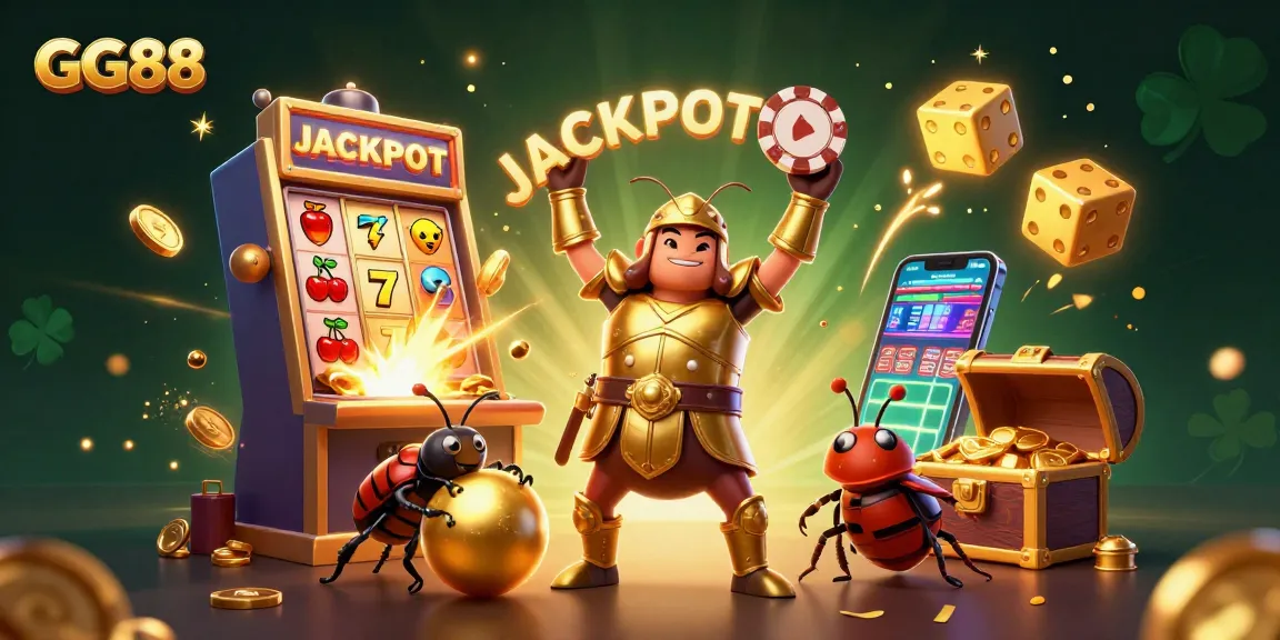 Experience excitement with GG88’s animated jackpot scene featuring a heroic beetle and spectacular casino elements.