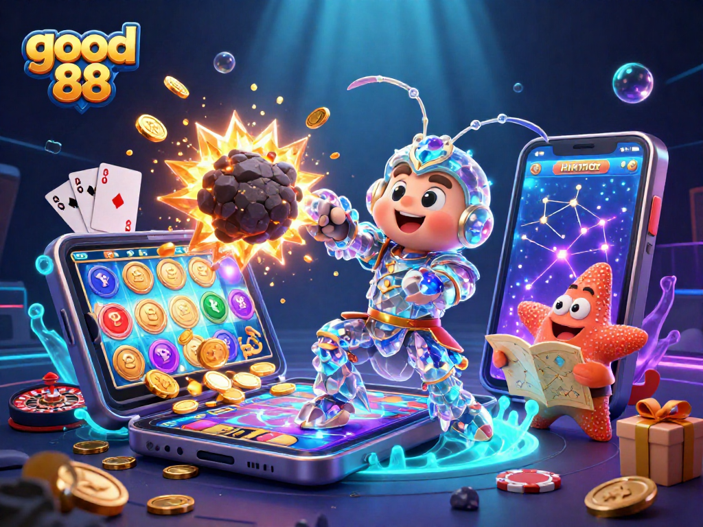 Experience the excitement of good 88 with a galactic samurai mantis shrimp amidst exploding treasures.
