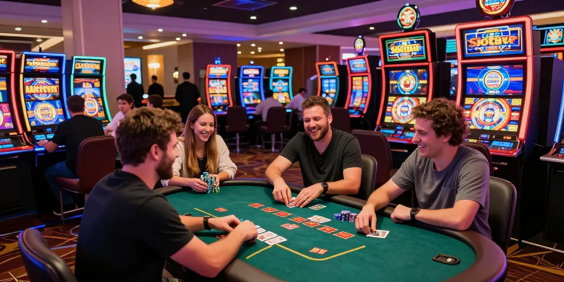 A lively gaming experience at Slotrave with players engaging at colorful slot machines and poker tables, showcasing an exciting casino atmosphere.