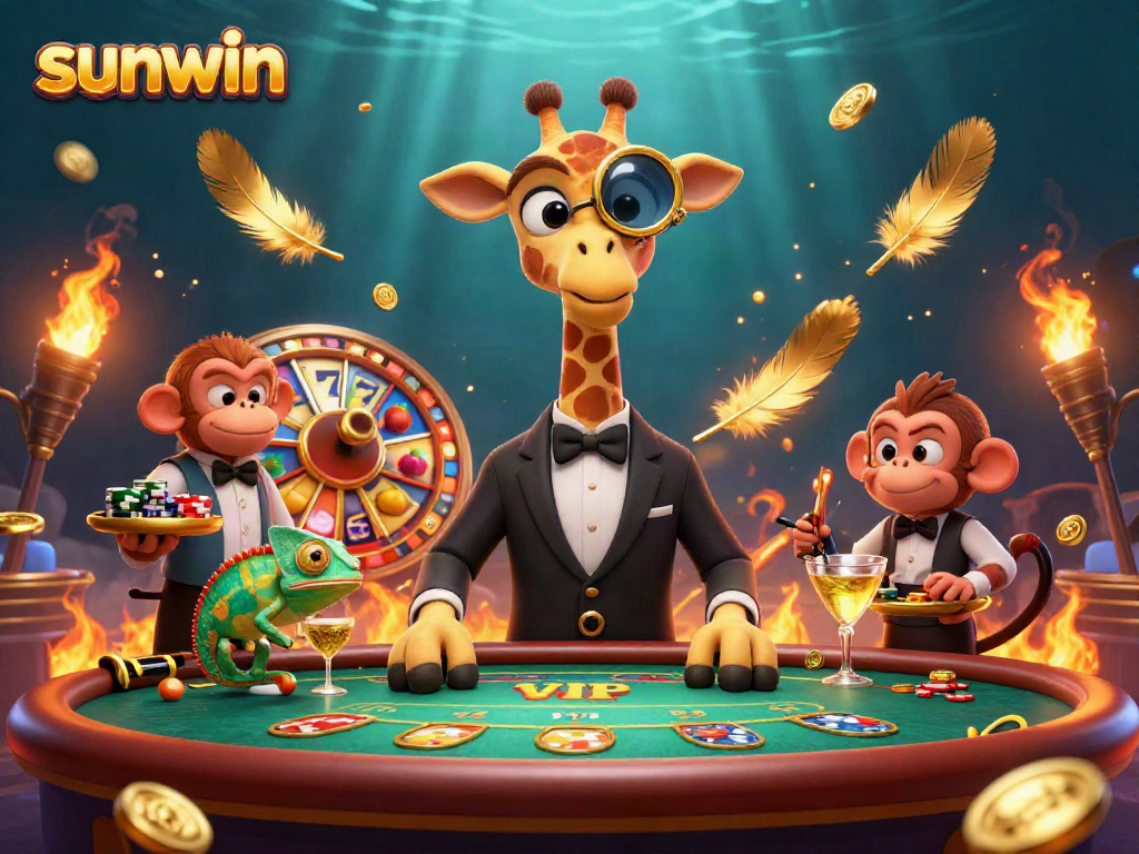 Experience high-stakes gameplay at Sunwin with a lively Casino scene featuring a giraffe dealer, monkey valet, and chameleon bartender.