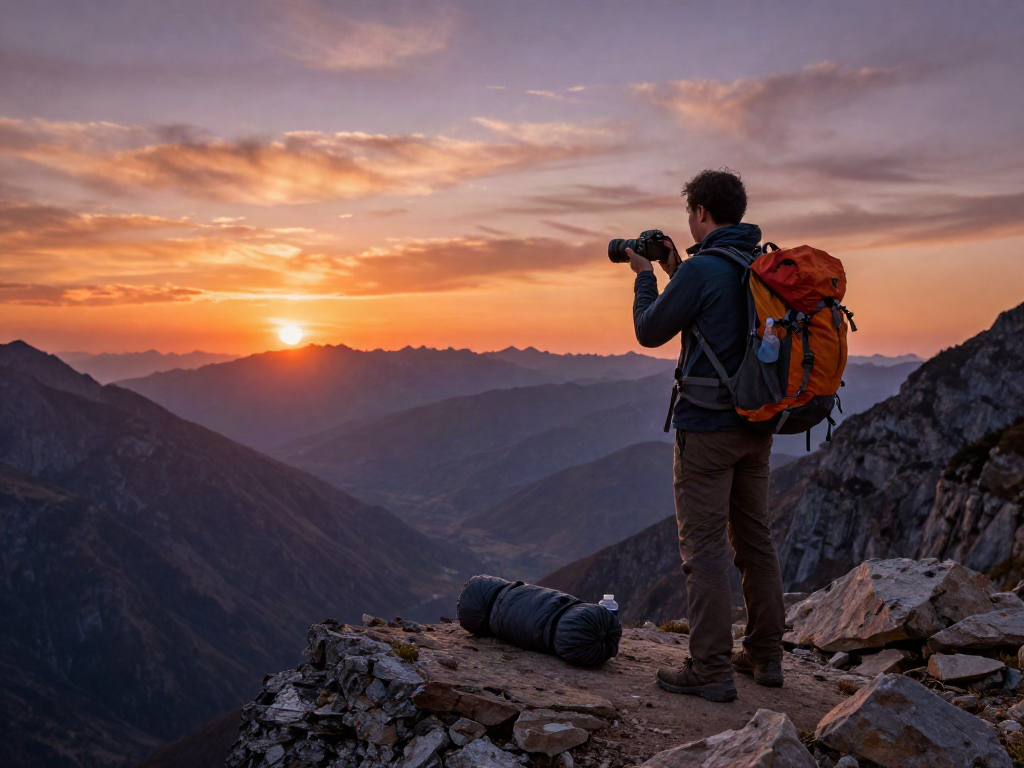 Vista panorámica de un viajero en la montaña al atardecer, explorando Siera Kaudalor.