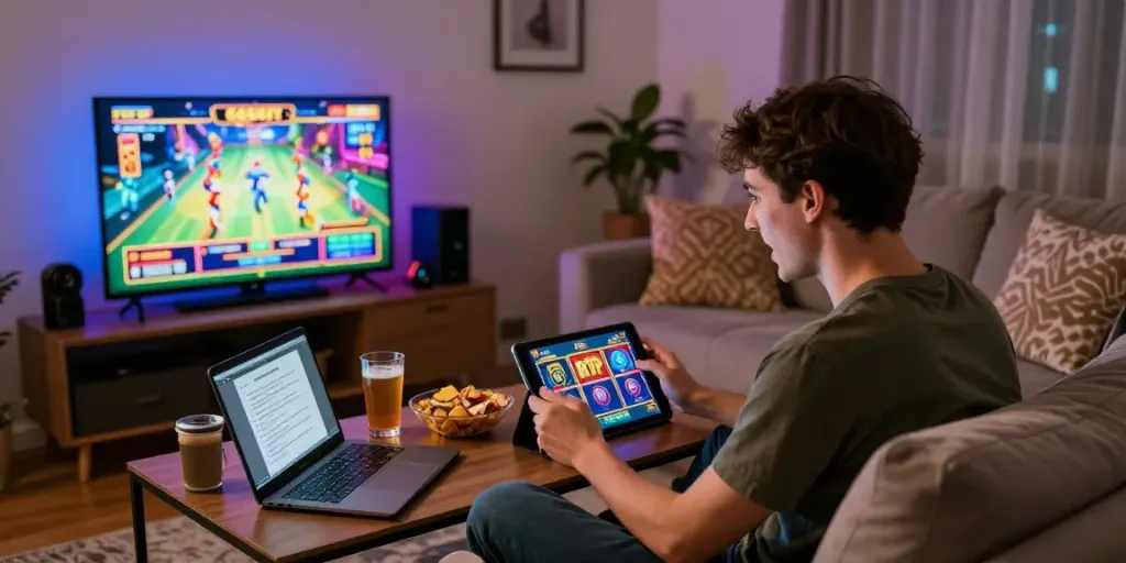 Engaging ggsoft rtp slots experience in a cozy living room with snacks and excitement.