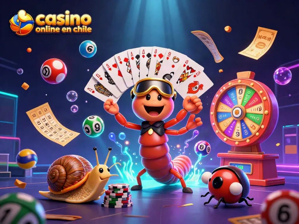 Ilustración de casino online en Chile con un caracol alto apostando mientras un milpiés reparte cartas