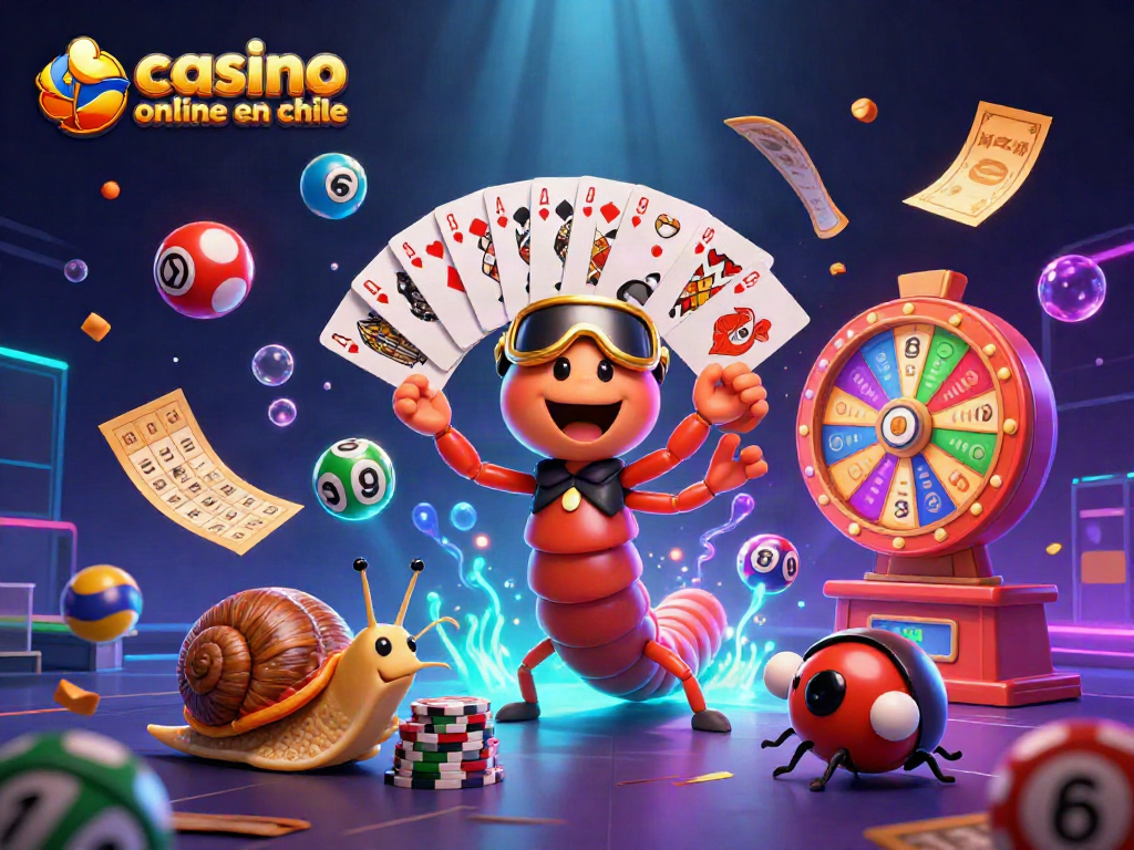 Ilustración de casino online en Chile con un caracol alto apostando mientras un milpiés reparte cartas