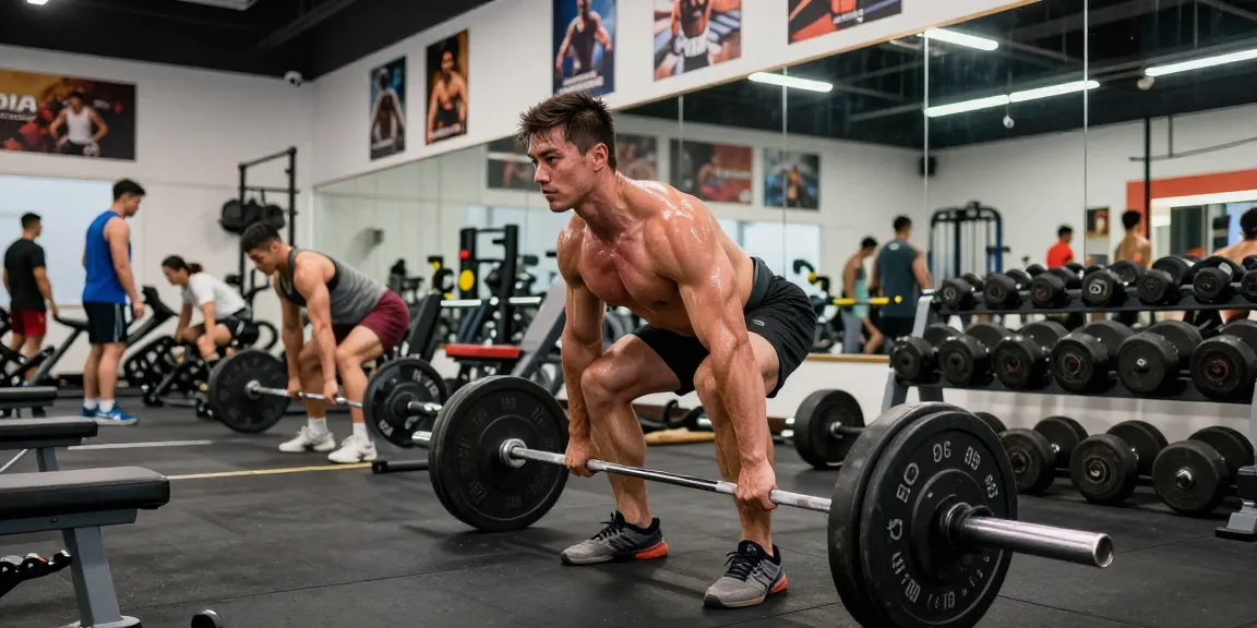 Entrenamiento en el gimnasio con un atleta levantando pesas, representando Esteroidesshop.