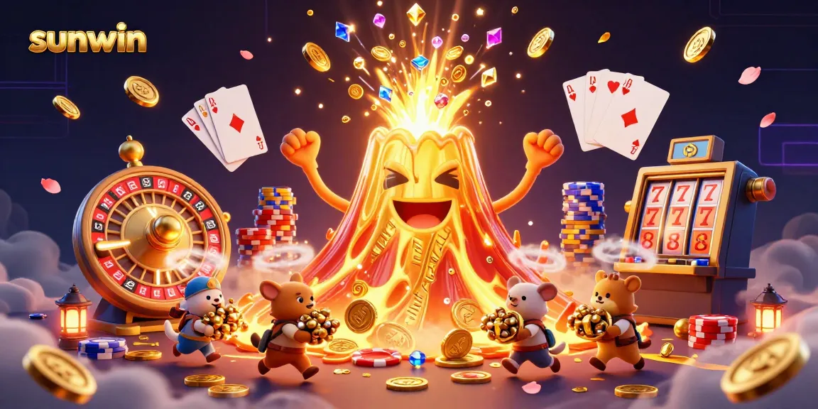 Experience the thrill of sunwin with a golden volcano erupting treasures in a vibrant casino scene.
