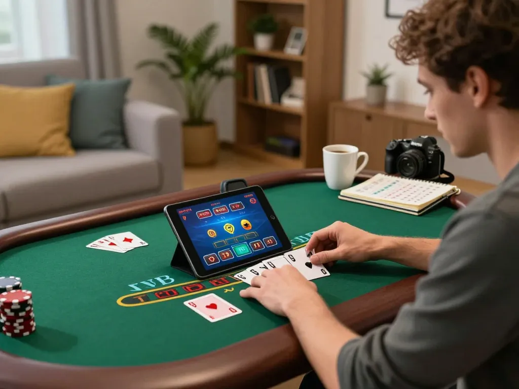 Player strategizing with 78WINCOM while enjoying live dealer blackjack in a cozy home setting.