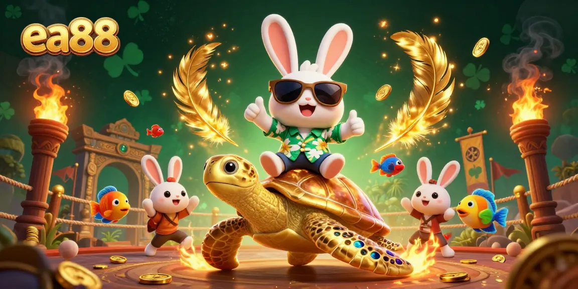 ea88 showcases the lucky rabbit and turtle in a vibrant casino atmosphere, celebrating big wins with colorful elements.