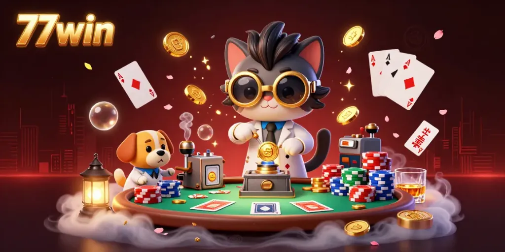 Engage with the lively scene at 77win, depicting a mad scientist cat and assistant amidst poker elements.