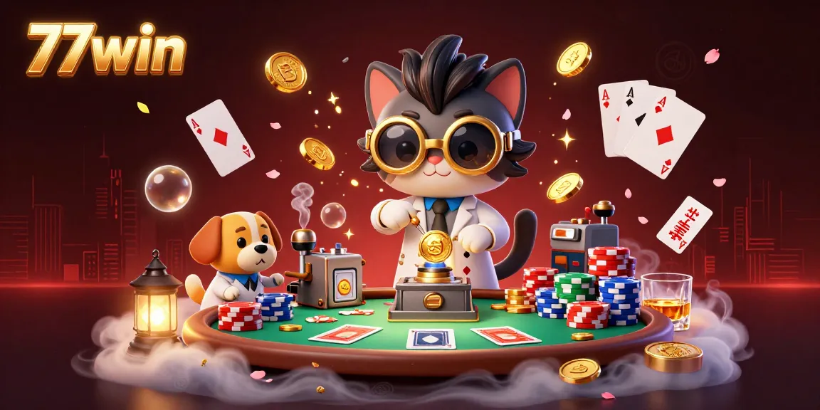Engage with the lively scene at 77win, depicting a mad scientist cat and assistant amidst poker elements.
