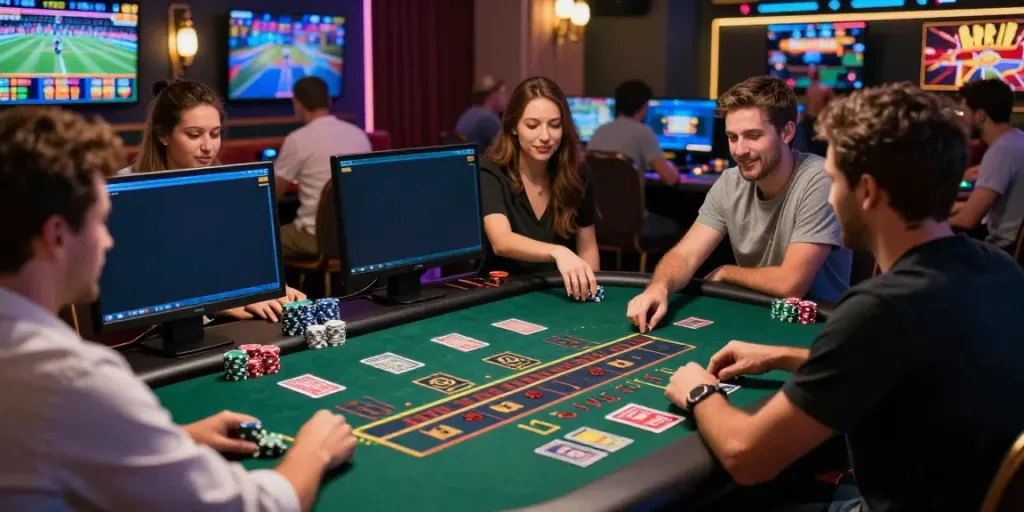 Dynamic online gambling scene at https://fc88v1.com/ with diverse players enjoying live games and vibrant visuals.