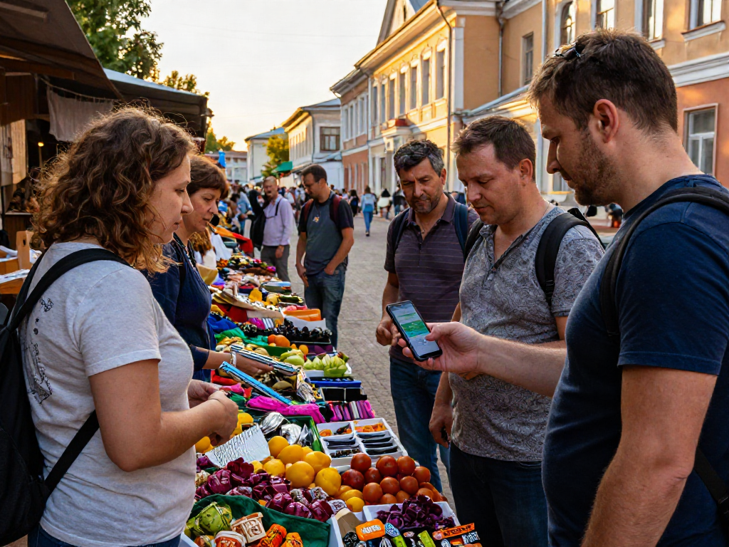 Pagando en Rusia con la app de https://payinrussia.com/ en un mercado acogedor y vibrante, mostrando productos locales.