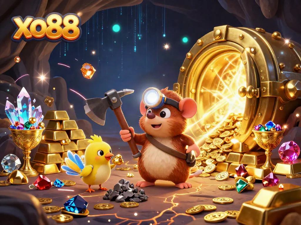 Experience the thrill of winning at xo88 with a lively illustration of mining treasures amidst casino elements.