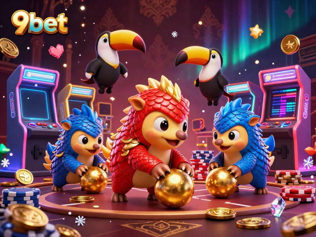 Experience fun with 9bet as rival pangolins compete in a vibrant casino setting, bowling through poker chips.