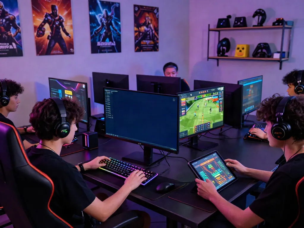 Players enjoying diverse games on the interactive platform at https://sky88tg.com/, showcasing an energetic gaming environment with modern equipment.
