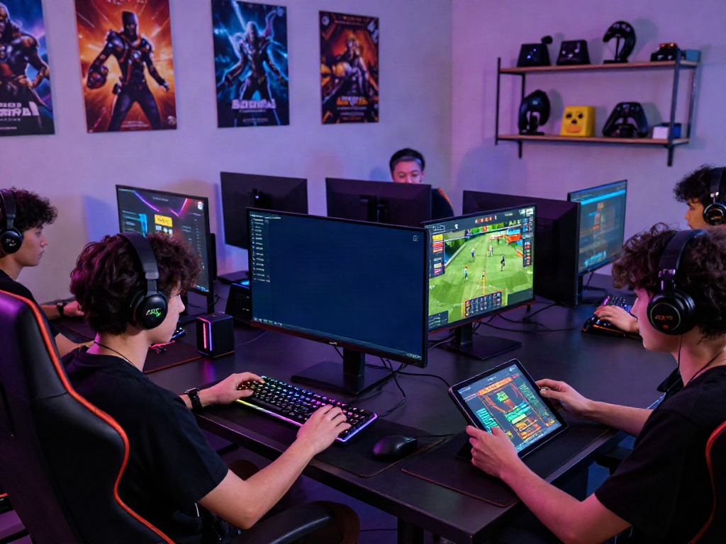 Players enjoying diverse games on the interactive platform at https://sky88tg.com/, showcasing an energetic gaming environment with modern equipment.