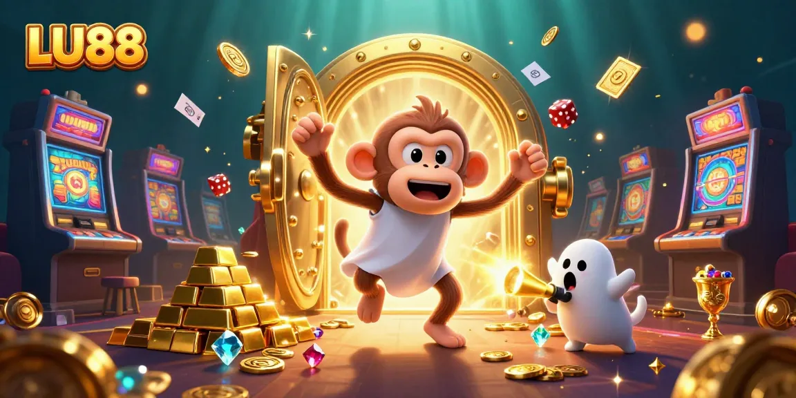 LU88: Join the playful ghost-hunter chasing a mischievous poltergeist monkey in a vibrant casino.