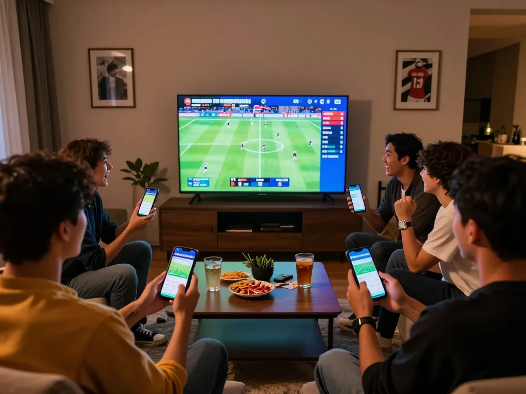Cheering friends using tỷ lệ kèo nhà cái app while watching live football, celebrating sports betting excitement