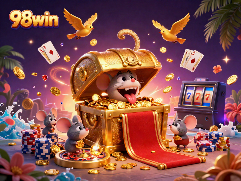 Engage with the vibrant world of 98win through a dynamic illustration featuring treasure, casino elements, and adventure.