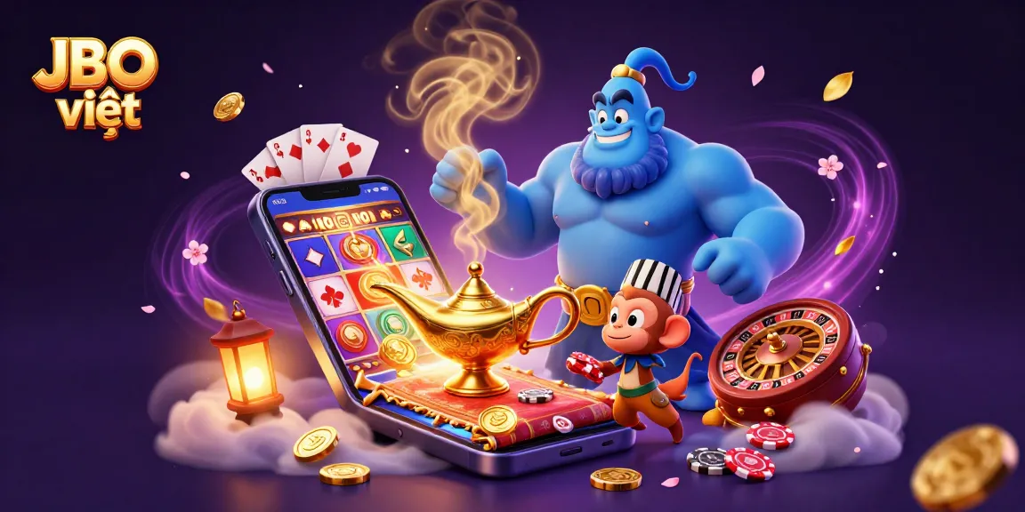 Experience thrilling excitement with JBO việt as a blue genie emerges from a lamp amidst vibrant casino elements.