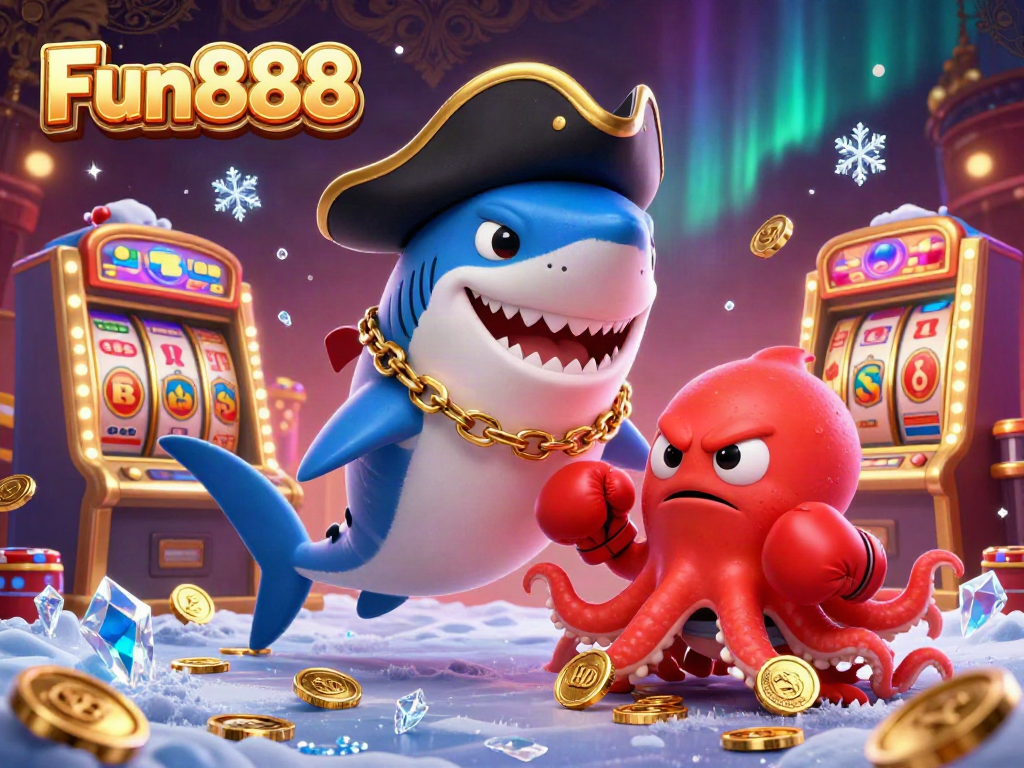 Engage in exciting Fun888 gameplay with lively casino characters featuring a shark, pufferfish, and octopus amidst dynamic slots.