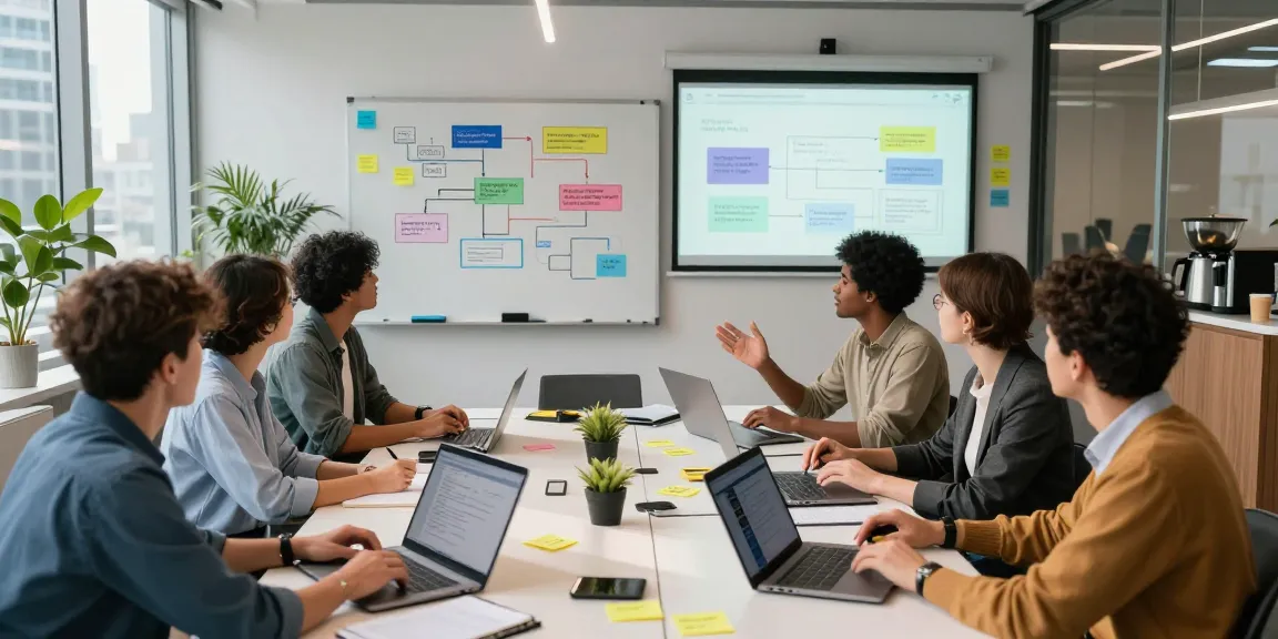 Team collaborating to build internal tools with AI in a modern office setting, illustrating teamwork and innovation.