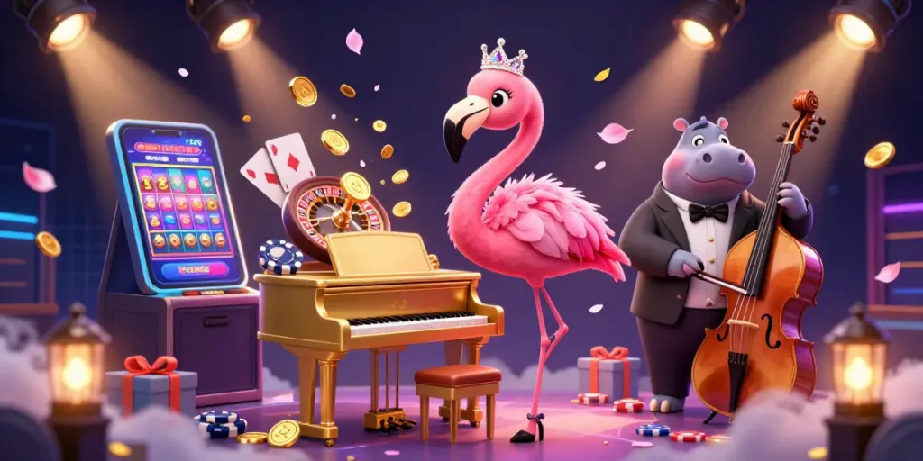 Experience the vibrant energy of 789F with a flamingo singer and hippo bassist amidst casino elements.