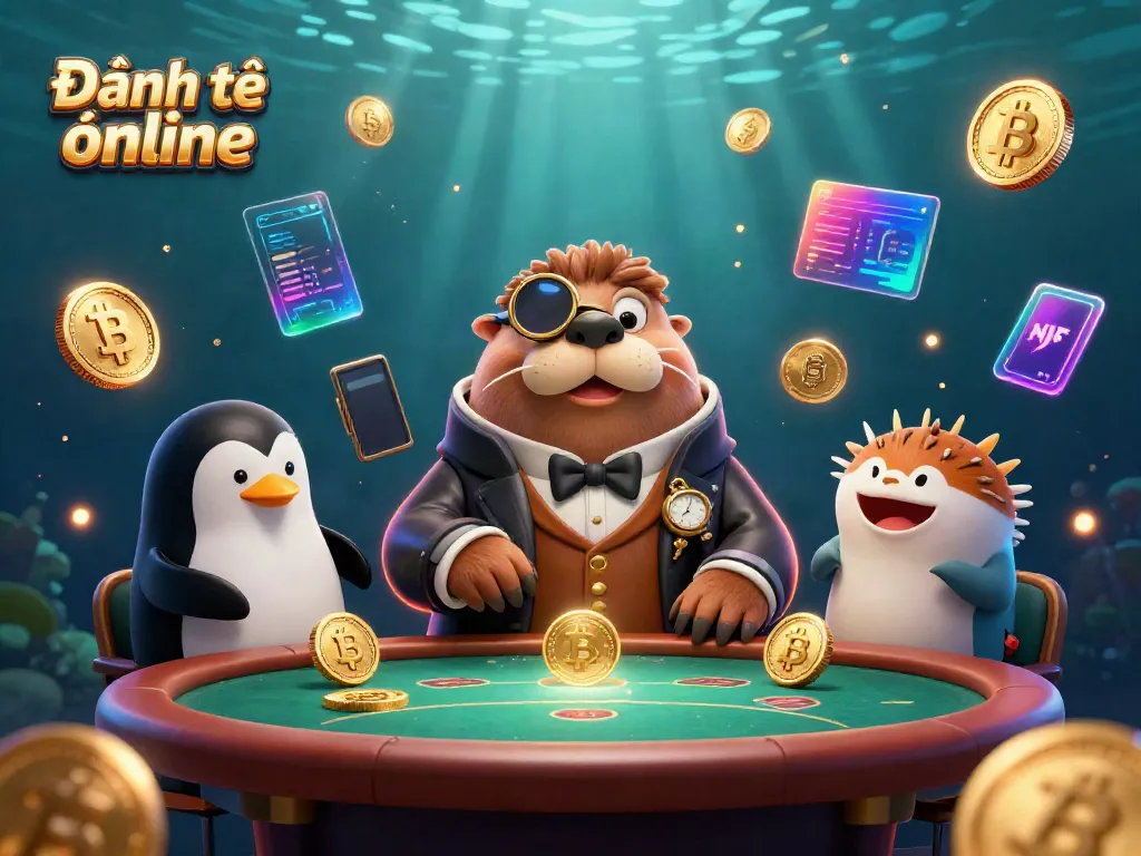 Engaging scene of a walrus playing Đánh đề online at a poker table, showcasing vibrant crypto elements.