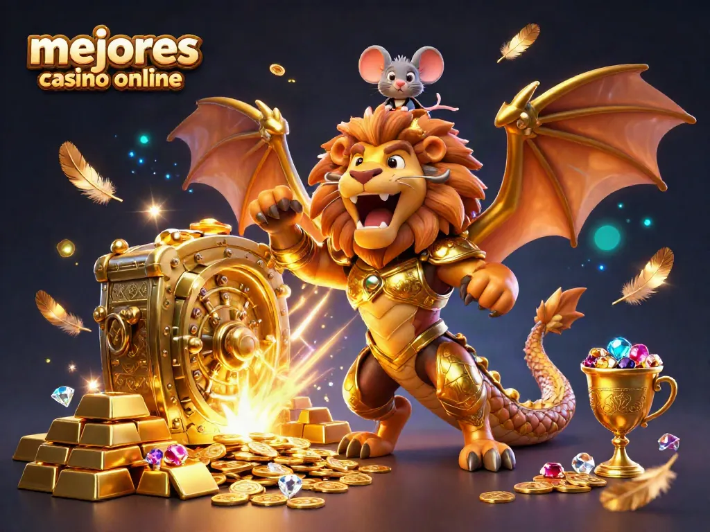 Disfruta de los mejores casinos online, resaltando una quimera dorada con un ratón jockey, tesoros y luces.