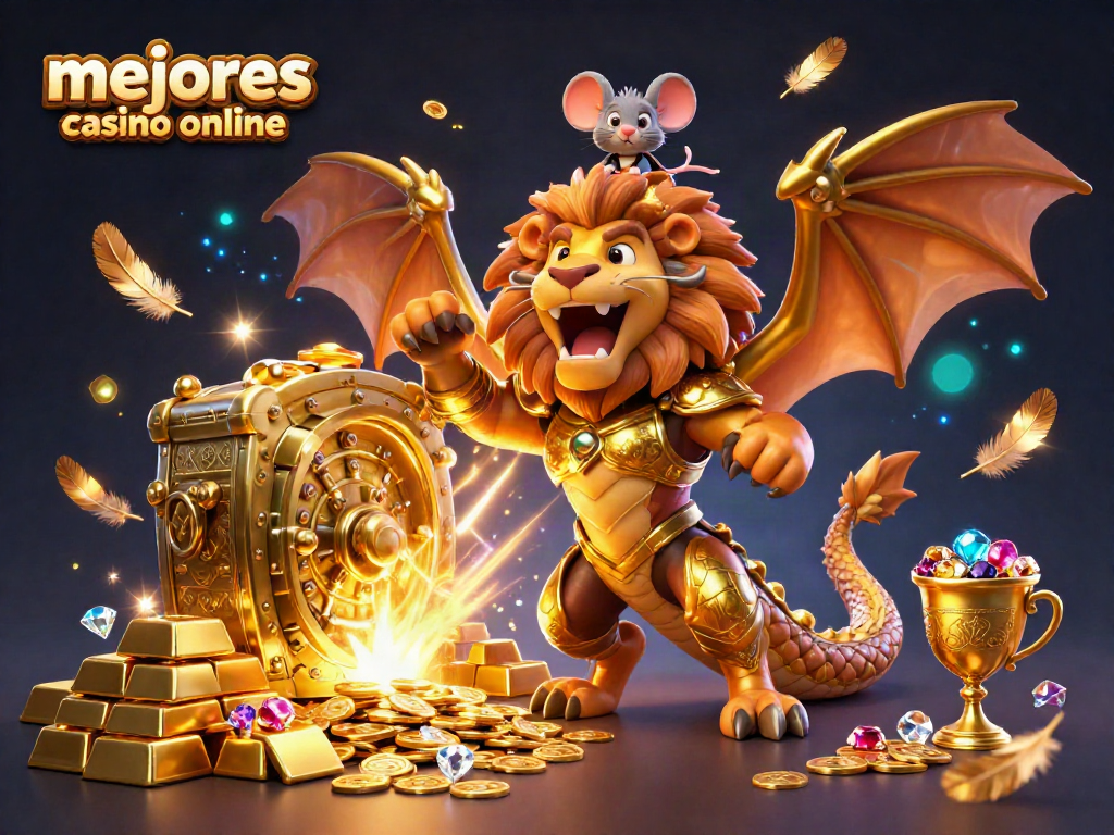 Disfruta de los mejores casinos online, resaltando una quimera dorada con un ratón jockey, tesoros y luces.