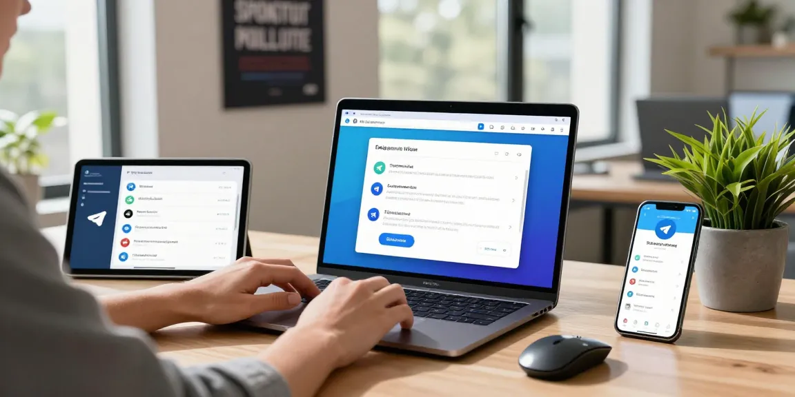 Active user exploring the Telegram Web Version in a modern workspace, showcasing productivity tools and a sleek setup.