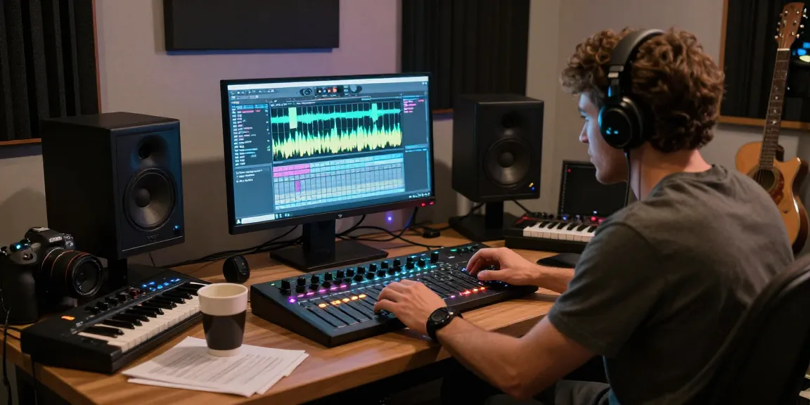 Musician producing music with SC88 in modern studio environment, displaying vibrant audio waveforms and instruments.