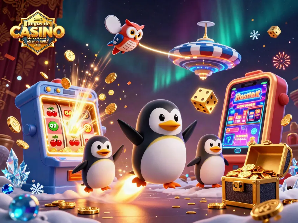 El emocionante mundo de los juegos de casino online con dinero real en Chile, con un pingüino dorado y tragamonedas vibrantes.