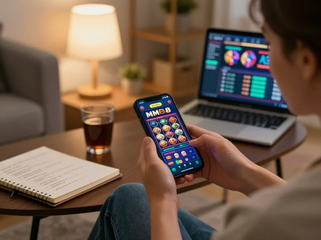 Engaging in mobile gaming with MM88 app in a cozy home setting, highlighting strategic gambling practices.