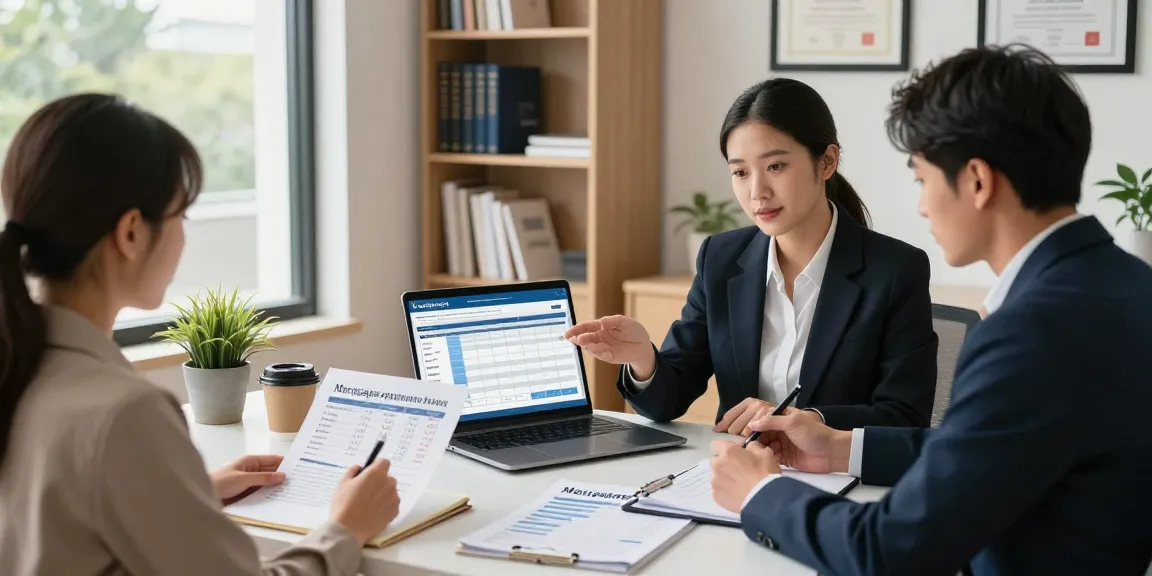 Calculate cuota hipoteca in a modern home office with financial advisor assisting a couple.