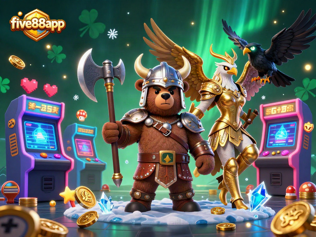 Join the adventure at five88app with vibrant game action featuring a Viking bear and Valkyrie eagle.