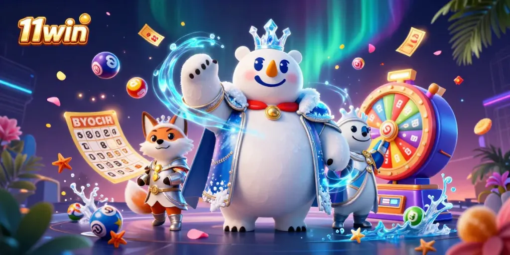 Experience the excitement of 11win with colorful lottery elements and cartoon characters winning jackpots.