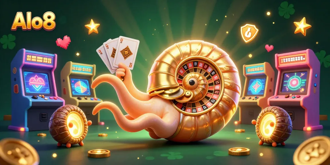Alo8 showcases a vibrant 3D casino scene with a giant nautilus holding cards amidst arcade elements.