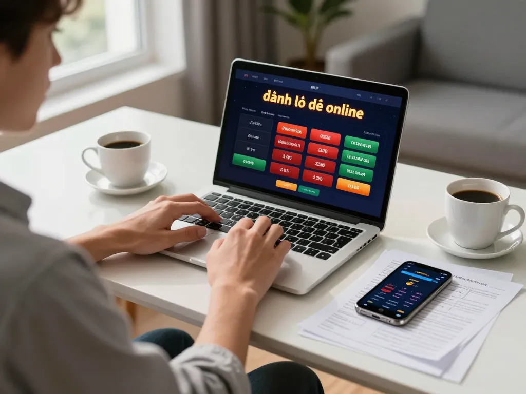 Engaging in online gambling with my laptop for đánh lô đề online betting while noting strategies.