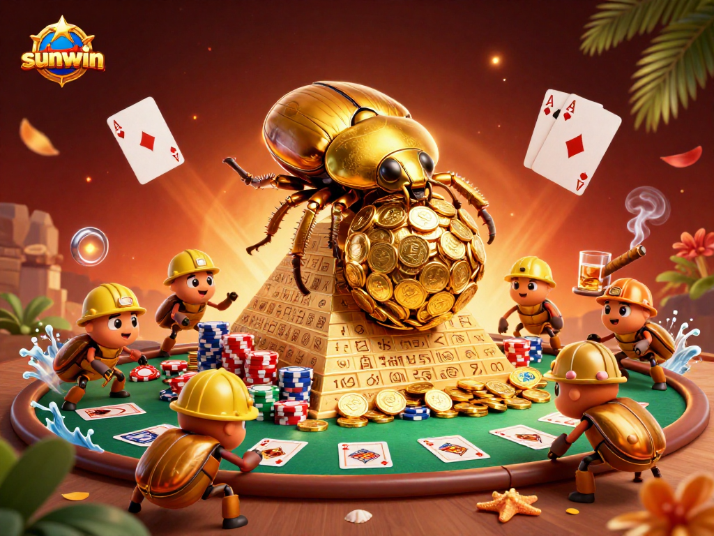 sunwin showcases a vibrant 3D casino scene with golden beetles and poker elements, embodying rich gambling action