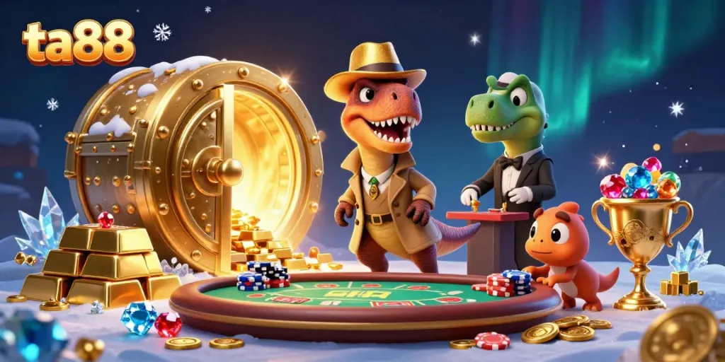 Experience ta88 excitement as a velociraptor plays blackjack, surrounded by treasures and dynamic casino elements.