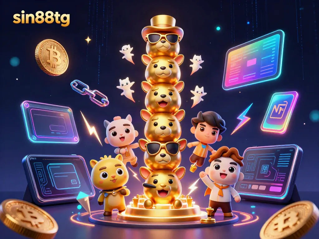 Experience excitement at sin88tg with a vibrant 3D casino-themed illustration showcasing a golden totem pole surrounded by crypto coins.