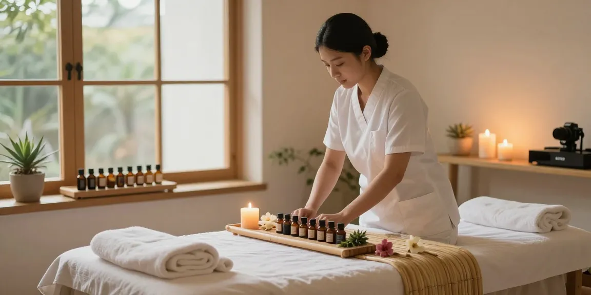 김포출장안마 massage therapy setup in a serene spa with soft lighting and natural elements.