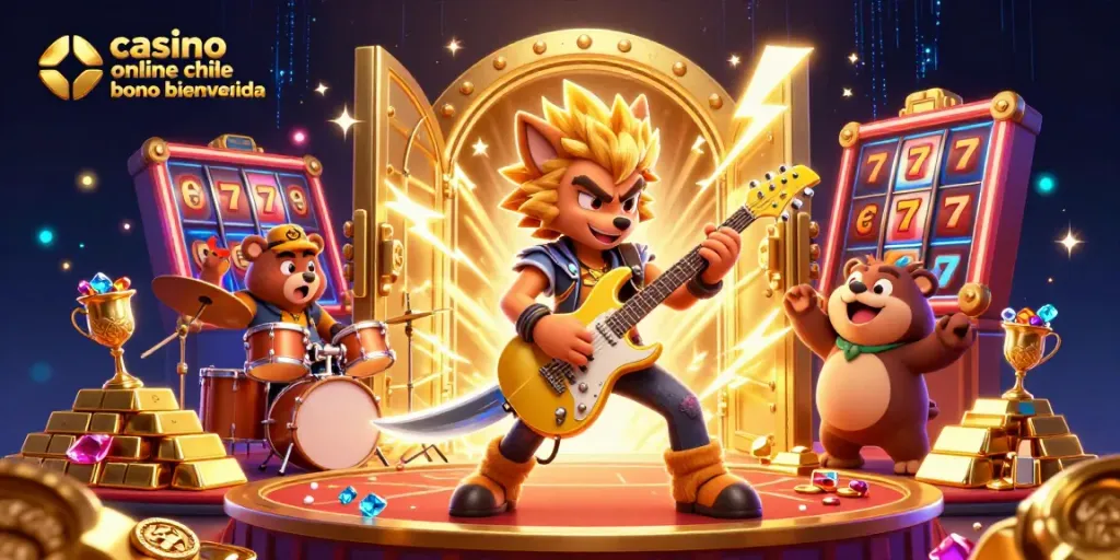 Casino online Chile bono bienvenida con un lobo rockstar y un oso baterista disfrutando de un escenario lleno de premios.