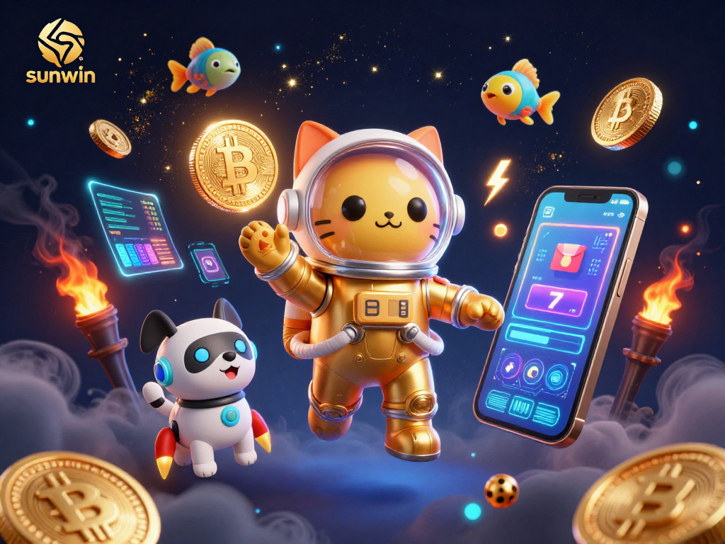 Engage with sunwin's thrilling casino experience, featuring a space cat among vibrant slot elements.