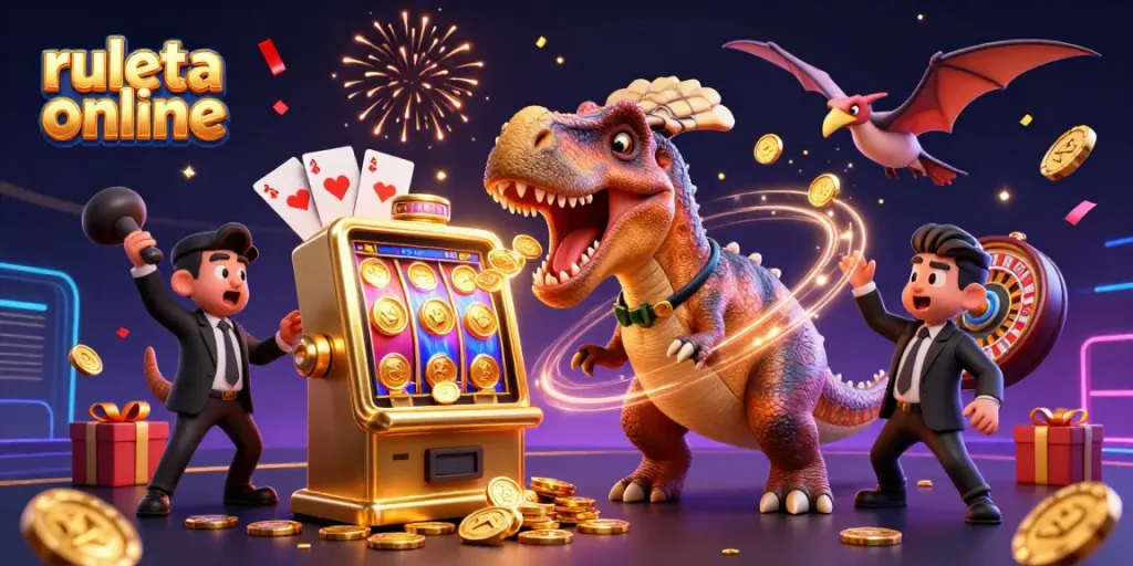 Gira la ruleta online con una ilustración divertida donde un dinosaurio interactúa con una máquina tragamonedas.