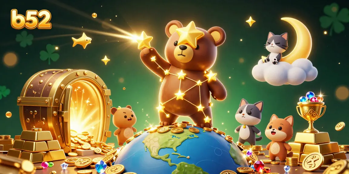 B52 players scoop up coins in a vibrant 3D casino scene filled with treasures and lucky symbols.