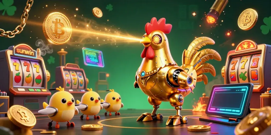 Engage in exciting gaming action with the sunwin golden rooster robot and vibrant casino elements.