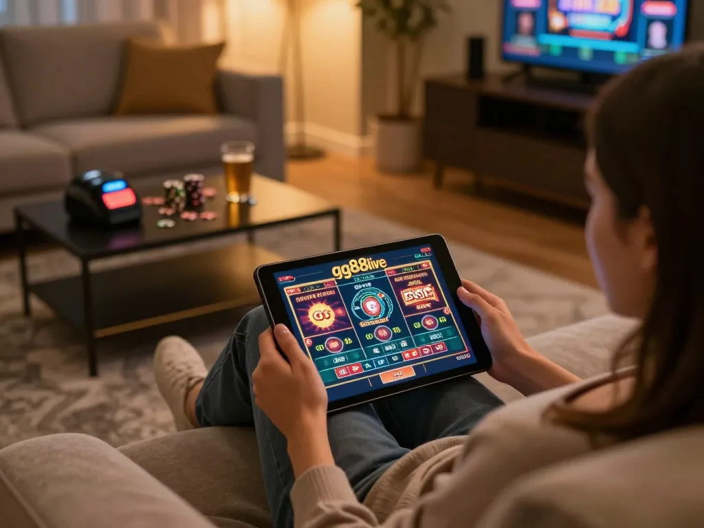 Engaging in mobile gaming on gg88live in a cozy living room setting, featuring colorful casino game interface.