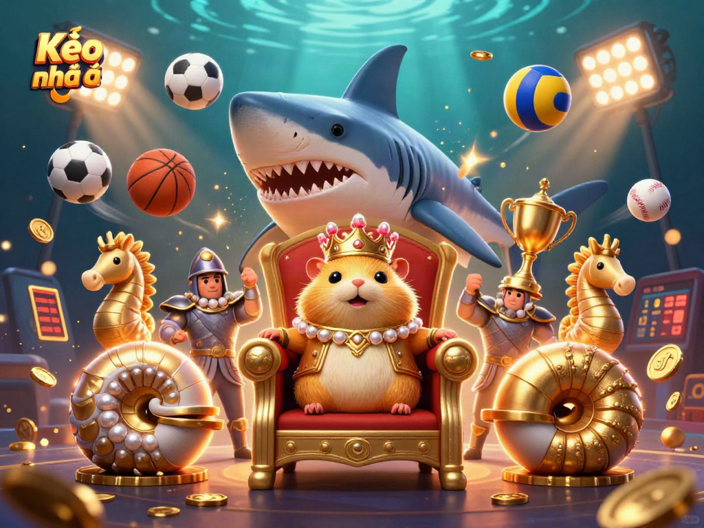Kèo nhà cái showcases a dynamic sports betting scene with a golden hamster king among vibrant game elements.